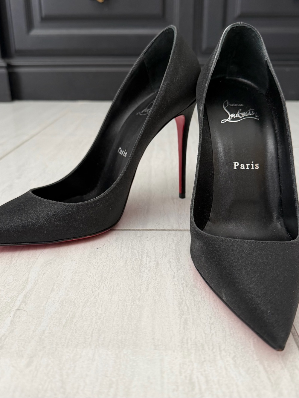 Christian Louboutin Black Glitter Pointed-Toe Pumps with Red Sole